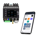 Frontansicht eines eingeschalteter go-e Controller (CH-30-01) und auf einem Smartphone geöffneter go-e Ladeapp.