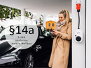 Abbildung einer installierten mobilen Wallbox gemini flex 11kW vor dem Hintergrund eines Elektroautos mit eingeblendetem Hinweis Paragraph 14a EnWG konform