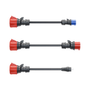 Detailansicht des CEE16A Steckers, CEE32A Steckers und des Haushaltsstrom Adapters, welche im go-e Travellerset enhalten sind.