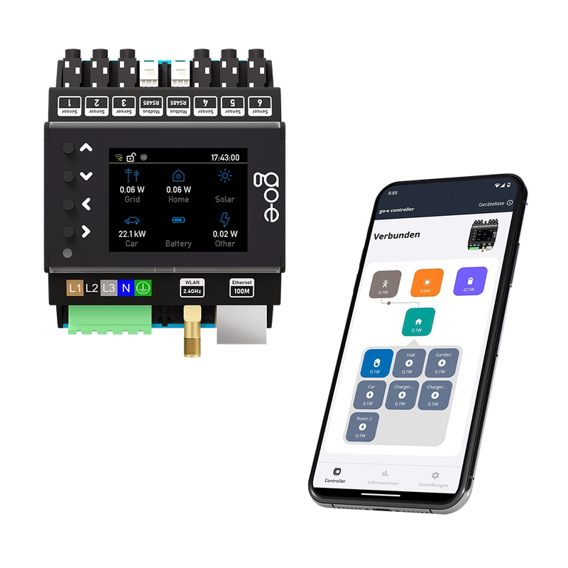 Frontansicht eines eingeschalteter go-e Controller (CH-30-01) und auf einem Smartphone geöffneter go-e Ladeapp.