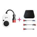 Detailansicht des go-e Charger Gemini Flex Travellerset 22kw bestehend aus der mobilen Wallbox go-e Gemini 22kw, go-e Transporttasche, CEE16A Stecker, CEE32A Stecker und Haushaltsstromstecker.
